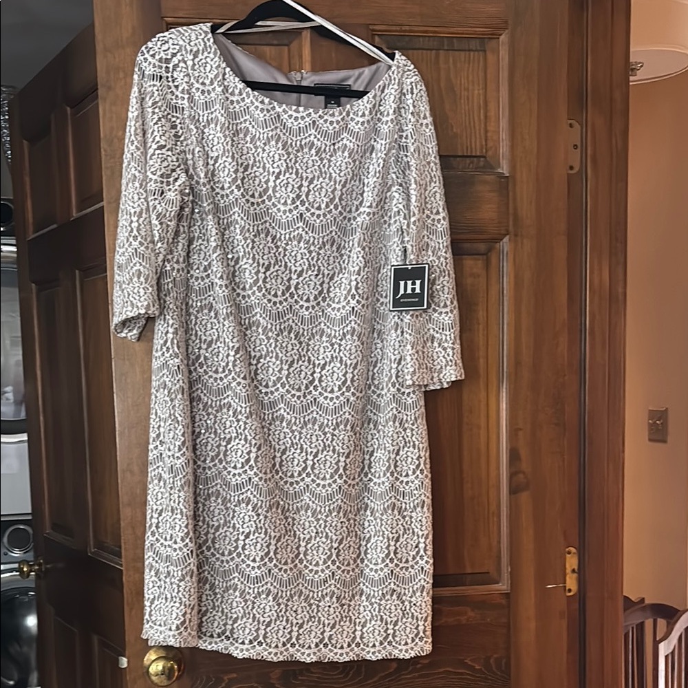 Jessica Howard Cream Lace Sparkly 3/4 Sleeve Dress